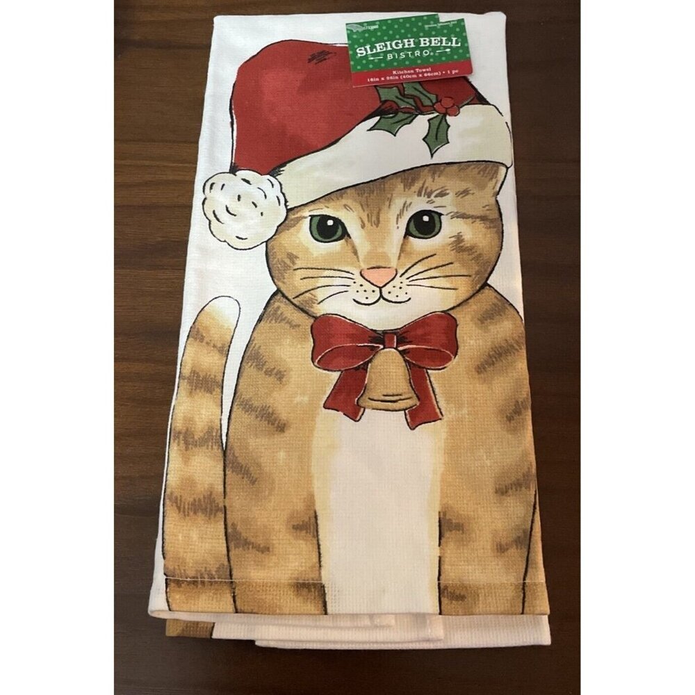 Sleigh Bell Bistro Santa Cat Christmas Holiday Kitchen Tea‎ Towel 16 X 26 NEW
